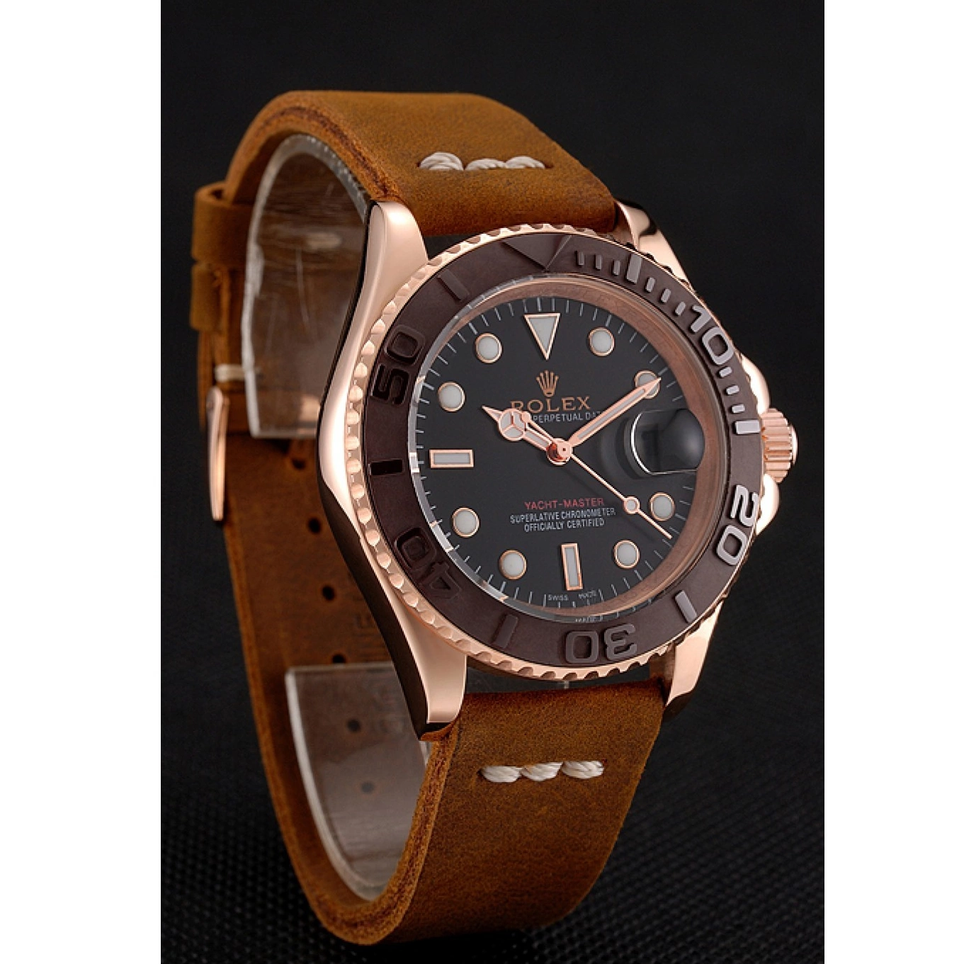 Aaa replica watch Dial 1453860 Bezel Rolex Leather Gold Brown Brown Black Case Yacht Rose Bracelet Master 0713